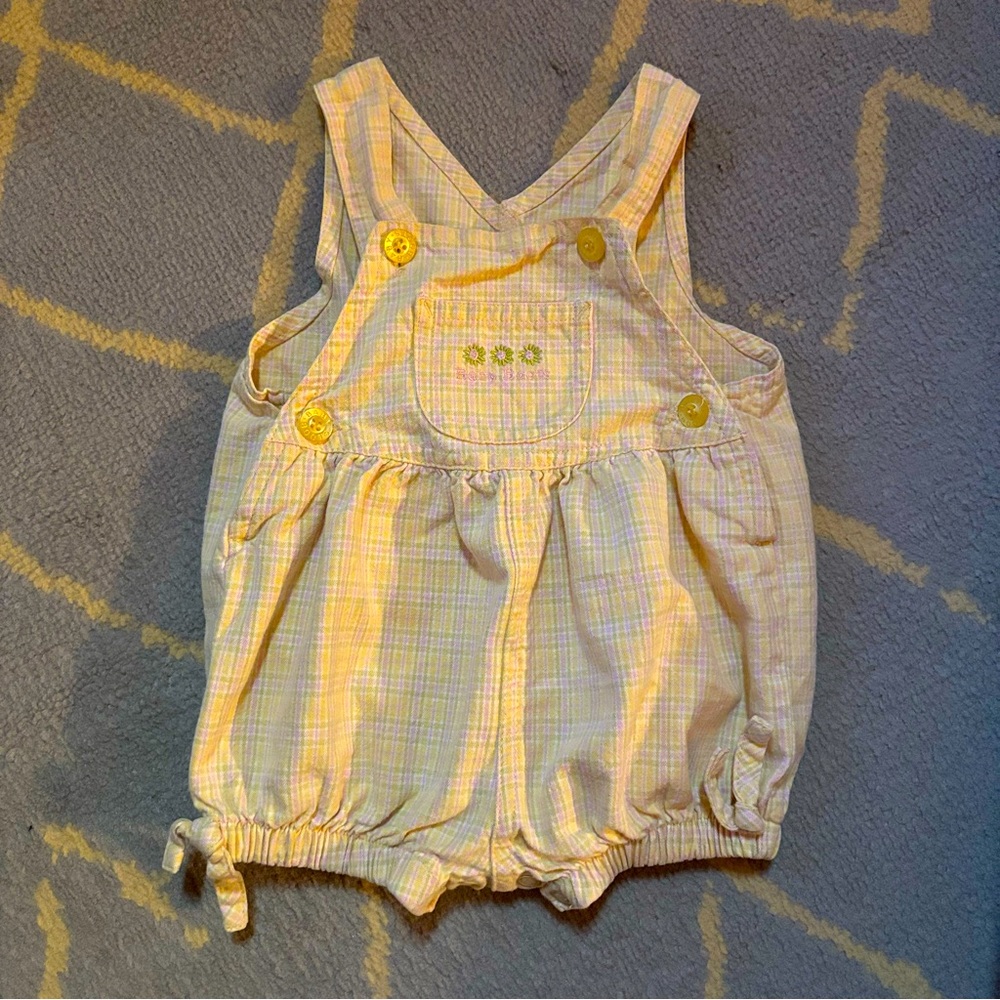 🔴 EUC Vintage ‘Baby Boots’ 100% Cotton Yellow Plaid Romper Playsuit 3-6 Months